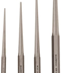 4 Piece Long Taper Punch Set With Softened Striking Ends And Ground Finish For Easy Identification Built For Installing Or Removing Pins In Automotive Machinery And Industrial Work Pro Grade Durable Steel Tools For Pros shown in various sizes, front view.