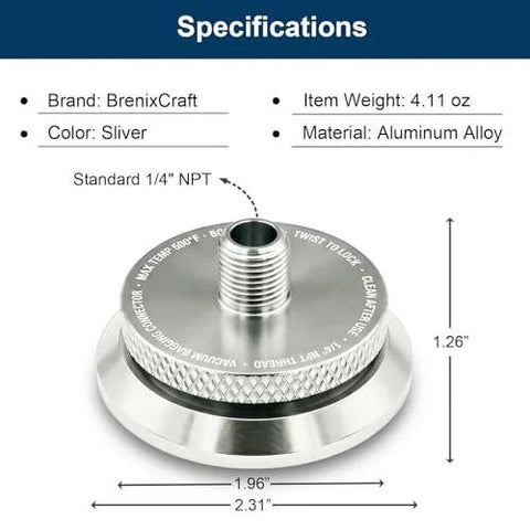 BrenixCraft vacuum bagging connector, silver aluminum, twist-lock, 1/4" NPT, front view