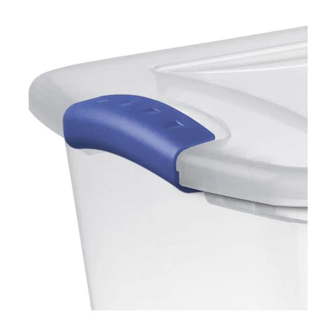 Close-up of blue latch on Heavy-Duty Clear Plastic Storage Bins With No-Fuss Blue Latches, 27 Qt Stackable Organizers.