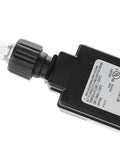 Black power adapter with plug and label showing voltage details, side view