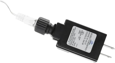 Black power adapter with plug and label showing voltage details, side view