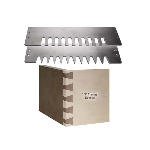 Heavy Duty Aluminum Through Dovetail Template Kit For Real Woodworkers With 3/8 Straight And 14 Degree Router Bits, showcasing dovetail templates and joint.