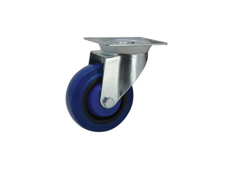 4 Inch Swivel Caster With Elastic Blue Rubber Wheel Built Tough Non Marking Quiet Wheels 265 Lb Load Capacity Per Caster Heavy Duty Top Plate 3 By 4 Inches For Carts And Furniture, shown from side view.