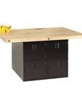 Heavy Duty Black Steel And Hardwood Top Workbench Boasting Eight Padlockable Locker Cabinets Built Like A Tank For Boss Grade Garage Storage And Serious Shop Sessions with wooden top and lockers visible.