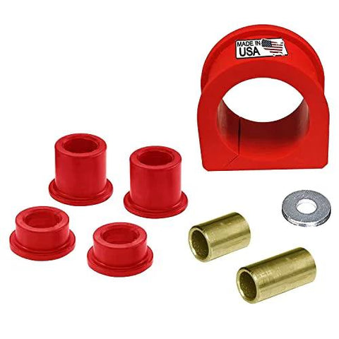 Steering rack bushing kit with red bushings (5), brass sleeves (2), washer, red housing – front view