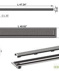 48 Inch Linear Shower Drain Slick Brushed Nickel Stainless Steel Side Outlet Offset Bundle With Rubber Gasket And Super Fine Hair Strainer For Modern Bathroom Plumbing Smooth Flow Top Tier Traditional Square Design Easy Setup dimensions and design illustration.