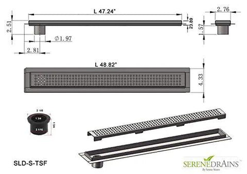 48 Inch Linear Shower Drain Slick Brushed Nickel Stainless Steel Side Outlet Offset Bundle With Rubber Gasket And Super Fine Hair Strainer For Modern Bathroom Plumbing Smooth Flow Top Tier Traditional Square Design Easy Setup dimensions and design illustration.