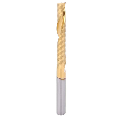 Five Piece Spiral End Mills Set, Single Flute HSS 4x28x50mm With Coating For CNC Milling Machines, front view of a single bit