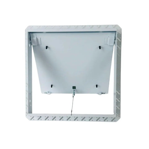 Sweet Slick 12X12 Drywall Access Panel With Heavy Duty Steel Frame And No Sweat Mudflange For Seamless Wall Finish Plus Top Shelf 58 Gypsum Inlay hidden hinged push lock cover viewed from inside.