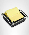 Pop-up sticky note dispenser with one 50-sheet canary yellow 3 in x 3 in pad, black base and clear lid desktop holder