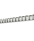 Thirteen piece Three Eighths Inch Drive Six Point SAE Socket Set on display, nickel chrome plated alloy steel with stamped size markings.
