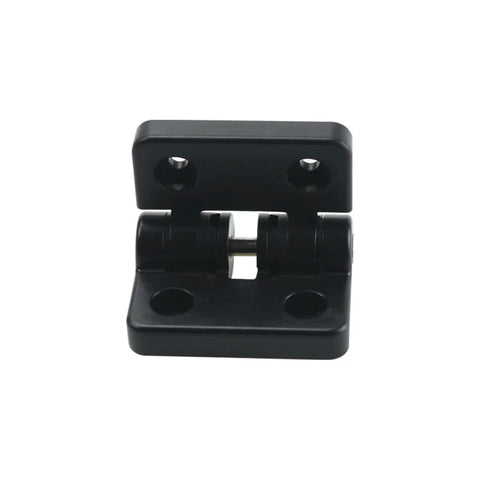 Black resin 90-degree positioning hinge, single piece with base plate and two screw holes.