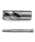 Annular cutter with 13/16 in diameter and Weldon shank, paired with a pilot drill bit Ø6.34×77 on metal background
