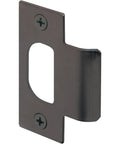 Solid Brass T-Strike Door Strike Plate For Latch Replacement, Classic Bronze Finish, 2-1/8 Inch Hole Spacing, angled view