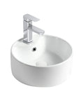 Straight Fire 15.7 Inch Diameter Round Ceramic Bathroom Vessel Sink With Integrated Faucet For Above Counter Installation And Quick Room Glow Up In Crisp White Finish, showcasing modern design and sleek white ceramic.