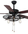 Top Tier Retro Industrial Ceiling Fan With Bright Integrated Light And Wireless Remote Smooth Motor Heavy Duty Base Solid Wood Blades 52 Inch view from below with wooden blades and light bulbs