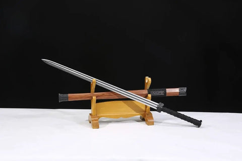 Hand-Forged Damascus Han Sword With 42-Inch Battle-Ready Chinese Longquan Blade Full Tang Heat Tempered Rosewood Handle And Scabbard Kirsite Fittings