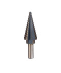 Premium Step Drill Bit Set Featuring Ti-Coated Cobalt HSS For Smooth Holes In Steel Brass And Wood With Anti Slip Hex Shank Grip And Auto Deburring Edges To Keep Your Projects Tight And Ready. Single Ti-coated HSS step drill bit with hex shank, size markings, front view