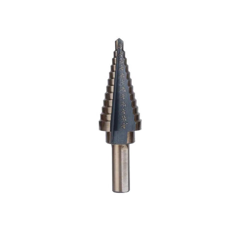 Premium Step Drill Bit Set Featuring Ti-Coated Cobalt HSS For Smooth Holes In Steel Brass And Wood With Anti Slip Hex Shank Grip And Auto Deburring Edges To Keep Your Projects Tight And Ready. Single Ti-coated HSS step drill bit with hex shank, size markings, front view