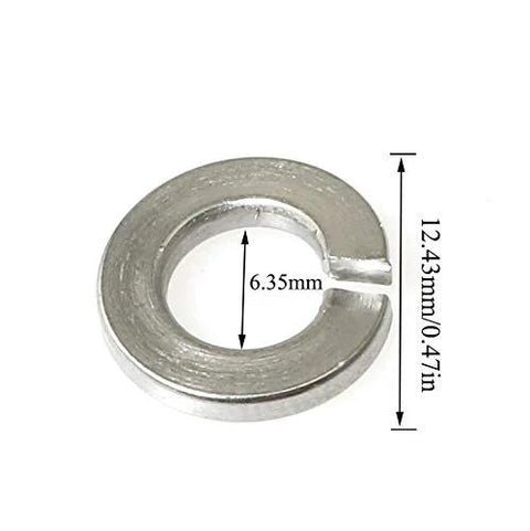 Split lock washer, 1/4 in inner diameter (6.35 mm), 304 stainless steel, silver, close-up.