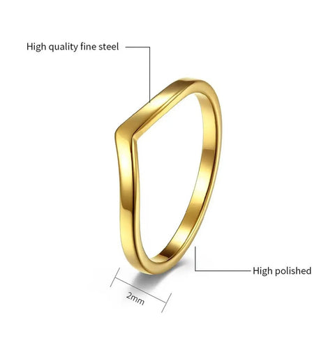 V Shaped Stainless Steel Wedding Band For Women With Chevron Pointed Design Engagement Promise Ring Simple Classic Gold Tone Hypoallergenic Nickel Free Comfort Fit Bling Ready Size 6, side view highlighting 2mm width and polished finish.