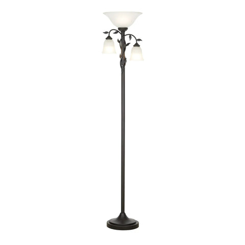 Traditional Torchiere Floor Lamp With Two Reading Lights, 72 Inches Tall, Oil Rubbed Bronze Finish, Frosted Glass, and Leaf Accents