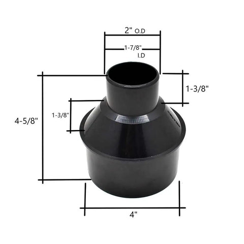 4 Inch To 2 Inch Dust Collection Reducer For Woodworking Shop Fits 4 Inch Hose To 2 Inch Ports Tapered ABS Connector, dimensions shown.