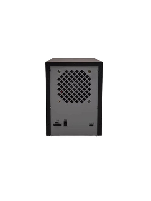 Back view of Rock Solid USB C External Storage 4 Bay SATA HDD SSD Enclosure showing fan and USB ports.