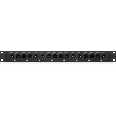 Front view of Ultra Flexible 8 Channel Microphone Splitter for stage and studio with XLR inputs, 1U rack design.