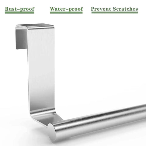 Close-up of Over Cabinet Towel Rack Set, Heavy Duty Stainless Steel Kitchen Towel Bar Holder In Chrome Finish, side view.