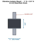 Heavy Duty Rubber Vibration Isolation Mounts Pack Of Four One Inch Wide By Three Quarters Tall With One Twenty Thread Male Studs diagram with dimensions.
