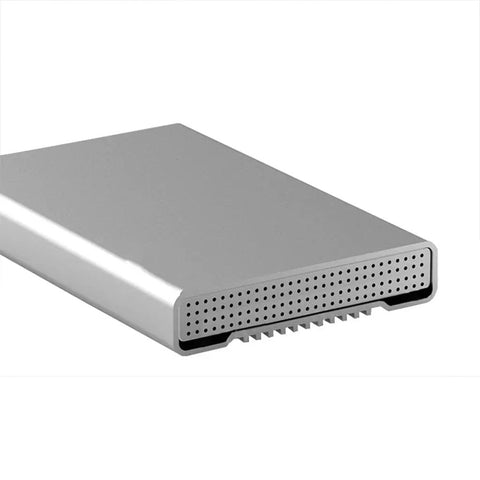 Rock Solid 2.5 Inch SATA HDD SSD External Enclosure with a premium aluminum body, showcasing its perforated design for ventilation.