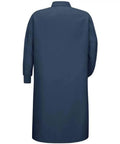 Back view of Heavy Duty Polyester Butcher Coat With Gripper Front And Ribbed Knit Cuffs Pocketless Navy Work Jacket For Food Industry Crews Built Like A Tank For Serious Kitchen Pros In 5xl.