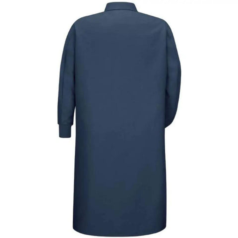 Back view of Heavy Duty Polyester Butcher Coat With Gripper Front And Ribbed Knit Cuffs Pocketless Navy Work Jacket For Food Industry Crews Built Like A Tank For Serious Kitchen Pros In 5xl.