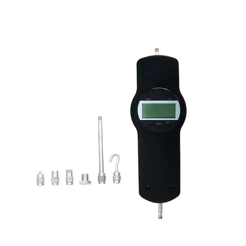 Economy Digital Force Gauge Dynamometer Push And Pull Tester With 100N Capacity, Handy Handheld Or Bench Mount, Large Flip Display, High Accuracy Readout, Easy Setup, Ideal For Compression And Tension Testing; black handheld force gauge with attachments