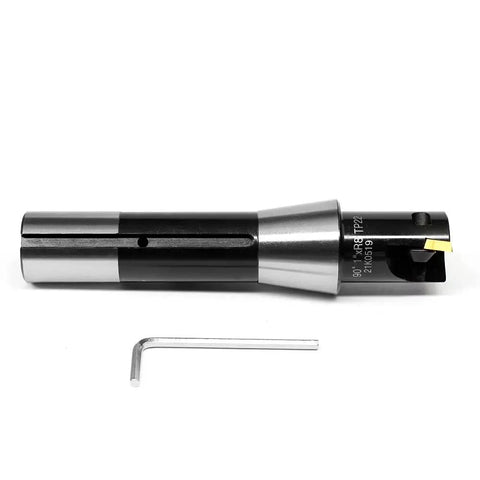 Side view of Beefy Indexable End Mill With R8 Shank One Inch Cutting Diameter And Five And Nine Sixteenths Inch Length, tin-coated TPG22 inserts