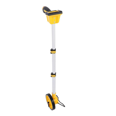 Digital Display Measuring Wheel Distance Measure With Backlit Multifunction standing upright showcasing its yellow and black design.