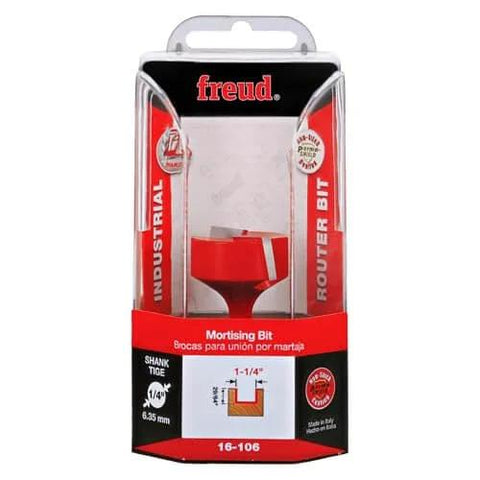 Front view of Freud Pro Grade Spoilboard Surfacing and Mortising Bit in packaging, 1.25 inch diameter, 1/4 inch shank.