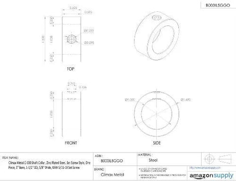 Front view: Climax Metal C-100 shaft collar, zinc-plated steel, bore 1 in, OD 1-1/2 in, width 5/8 in, 5/16-18 set screw