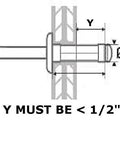 Technical diagram showing dimensions for rivet usage in XL Blind Rivet Adapter Kit For Drills Converts Any Drill Into A Power Pop Riveter.