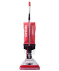 Badass Upright Vacuum With Extended Life Motor And Durable Chrome Hood Designed For Smooth No Sweat Cleaning In Compact Red Design from the front showing red finish and chrome details.