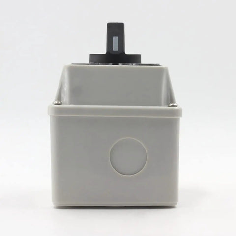 Changeover Selector Switch With Waterproof Box Dual Power 3 Position 4 Terminals Power Transfer For Motors Water Pumps And Generators Rotary Cam 440V 20A LW26-20/1 in white housing, front view