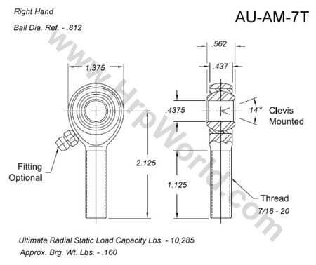Technical drawing of male rod end joint 1 pack AM-7T style alloy steel linkage connector with measurements and specifications.