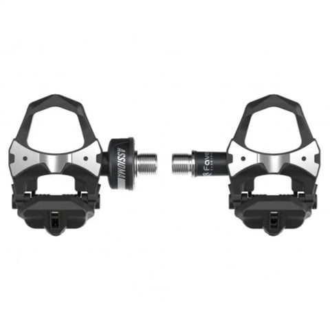 Assioma Uno Power Meter Pedal Game Changing 50 Hour Battery Life Easy Install Bluetooth And ANTPlus Connectivity For Smart Cycling Data Converts Every Pedal Stroke Into Real Power Readings For Solo Or Dual Setup shown from side view