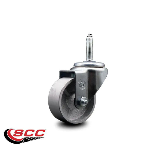 Smooth Operator Heavy Duty Semi Steel Cast Iron Swivel Caster With 3 Inch Silver Wheel And Three Quarter Threaded Stem 300 Lb Capacity close-up view