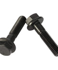 Top Tier M6x30mm Flanged Hex Bolt Set, Class 10.9 Alloy Steel Construction, Black Oxide Anti Rust Finish, 20 Piece Pack Of Tough As Nails Metric Hardware For Shop Projects, two black bolts showing flange design and threading.