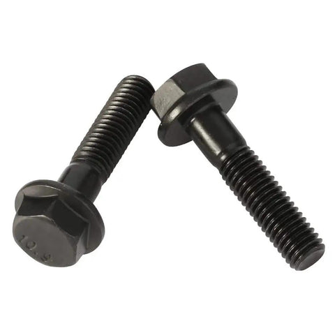 Top Tier M6x30mm Flanged Hex Bolt Set, Class 10.9 Alloy Steel Construction, Black Oxide Anti Rust Finish, 20 Piece Pack Of Tough As Nails Metric Hardware For Shop Projects, two black bolts showing flange design and threading.