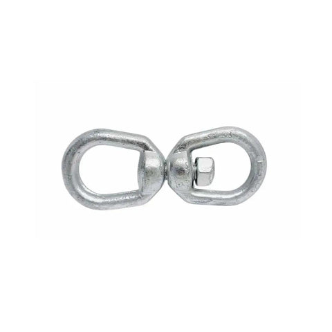 Heavy Duty Three Eighth Inch Eye And Eye Swivel For Marine Mooring And Boat Dock Rigging Hot Dip Galvanized Steel close up view.