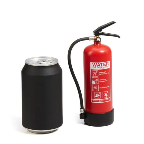 Rad Miniature Resin Fire Extinguisher 1/4 Scale Replica next to black can, ideal for arcade dioramas and shelf setups.
