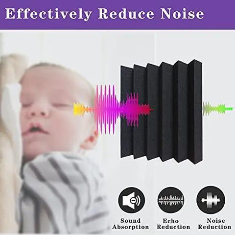 No Nonsense Heavy Duty 2X12 Acoustic Foam Squares And Soundproofing Bricks Killing Echoes Dead Tight Bass Traps For Home Studios Podcast Gear Purple Black Fire Safe Room Taming Panels, shown absorbing sound.